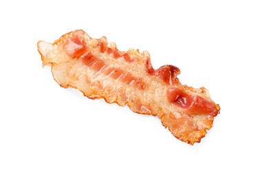 Photo of One fried bacon slice isolated on white, top view