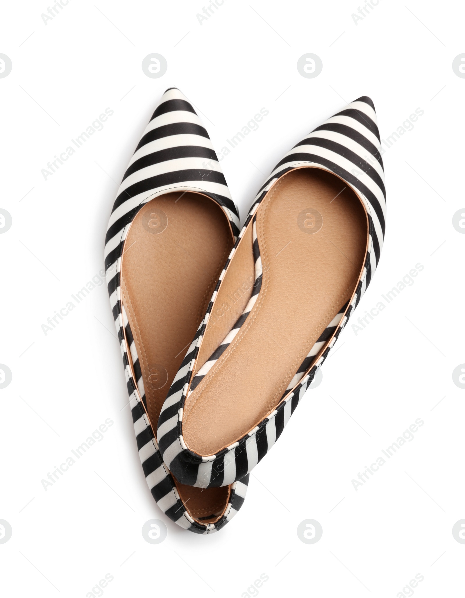 Photo of Stylish female flat shoes on white background, top view