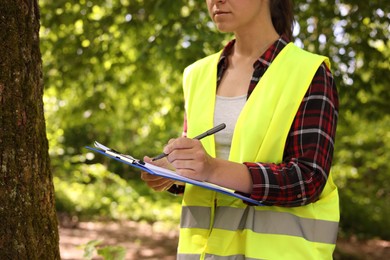 Forester with clipboard and pen examining tree in forest, closeup
