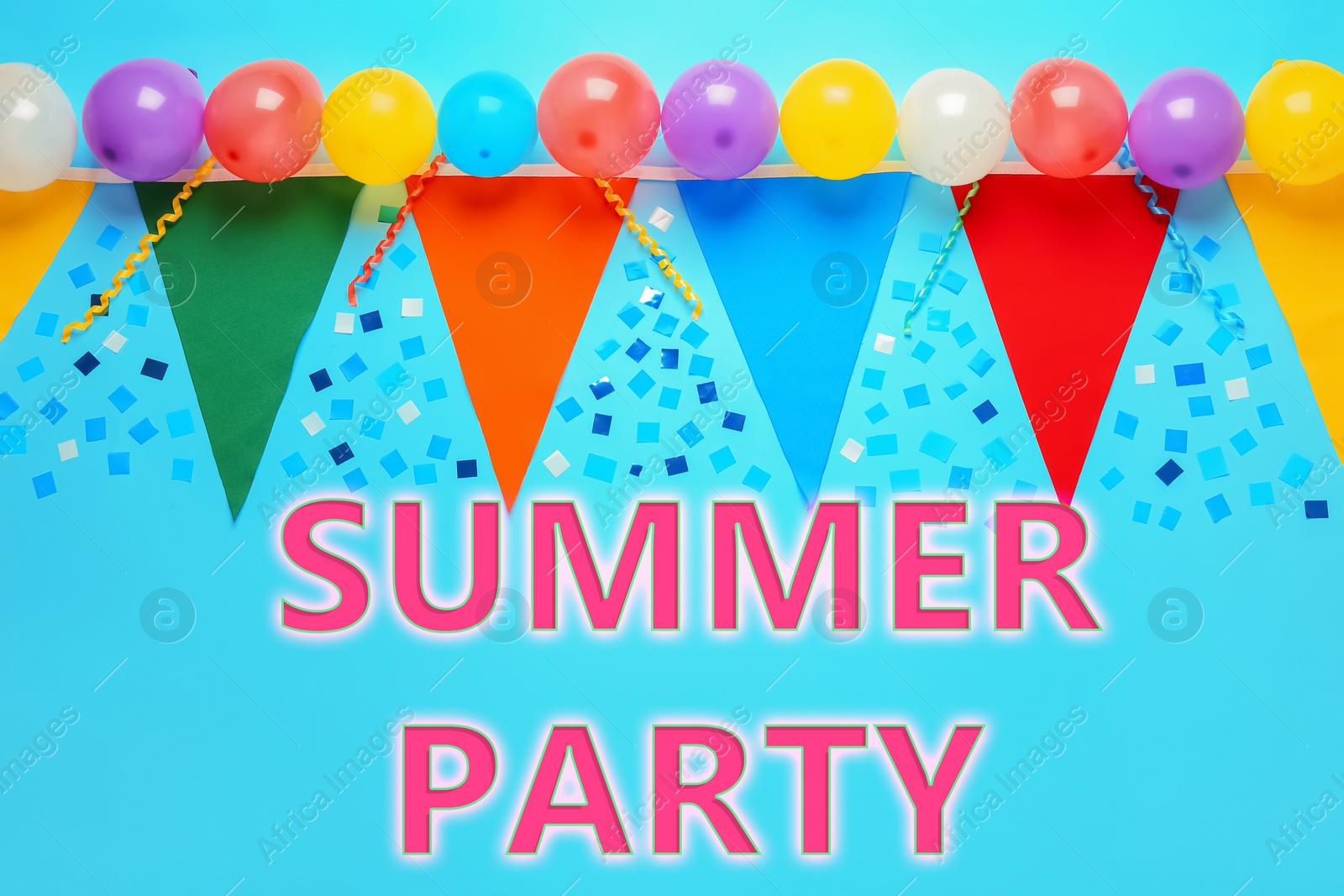 Image of Bunting with colorful triangular flags and other festive decor on turquoise background, flat lay. Summer Party