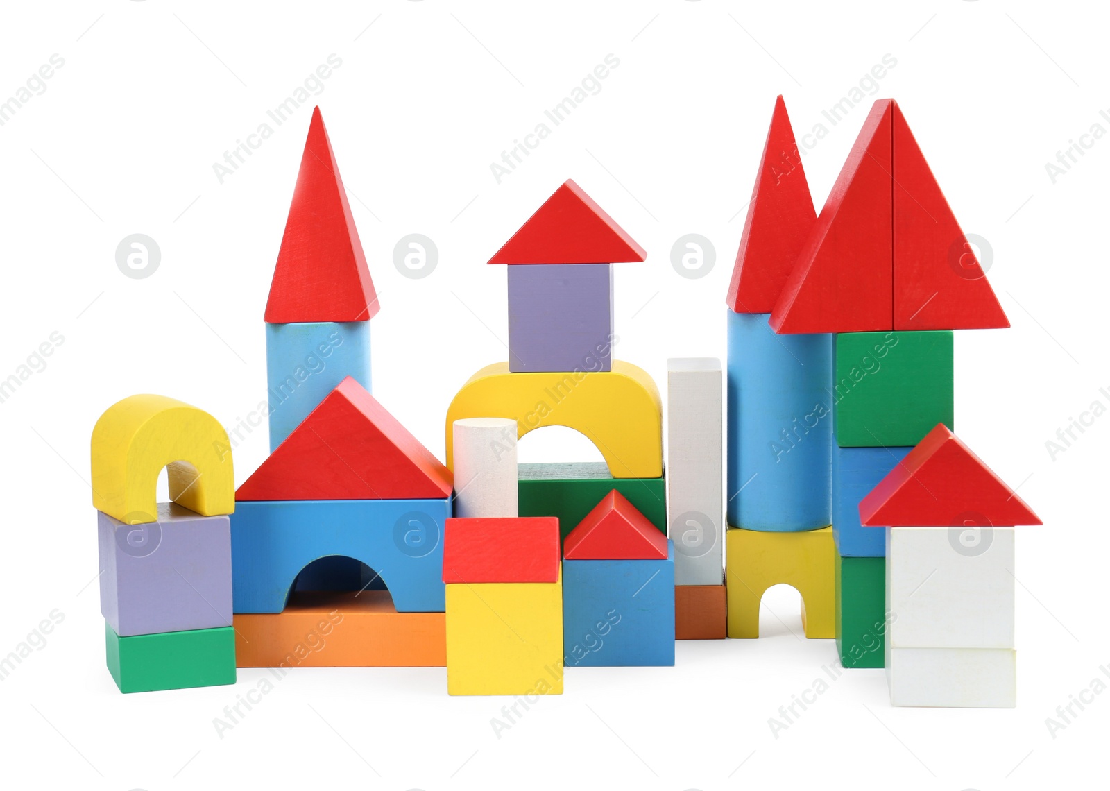 Photo of Building made of colorful blocks isolated on white. Children's toys