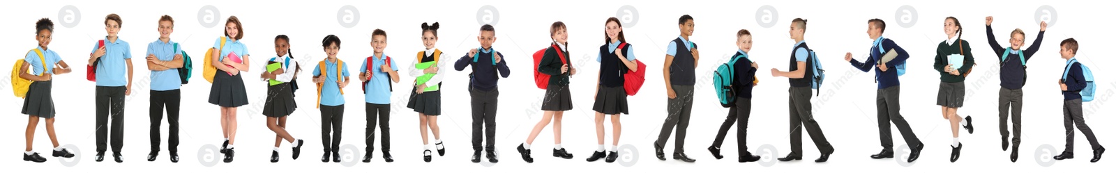 Image of Children in school uniforms on white background. Banner design