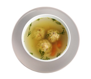 Bowl of Jewish matzoh balls soup isolated on white, top view