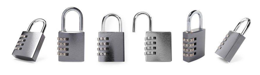 Steel combination padlock isolated on white, different sides. Set