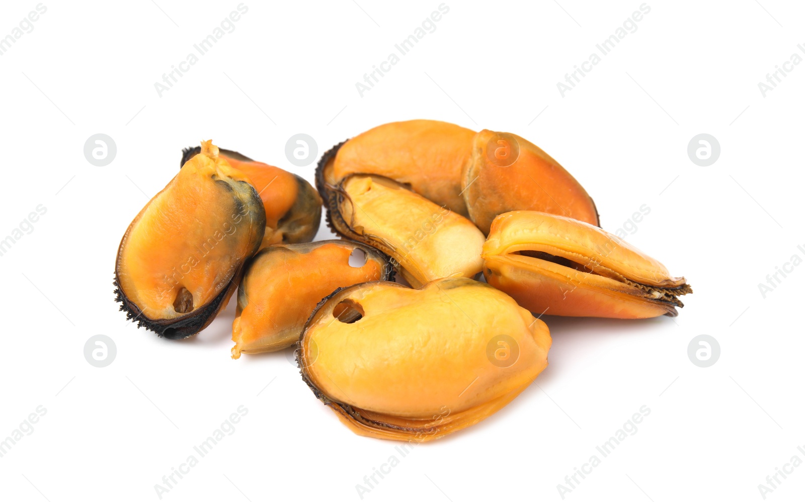 Photo of Heap of delicious cooked mussels on white background