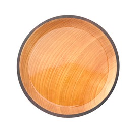 Photo of Wooden bowl with water isolated on white, top view