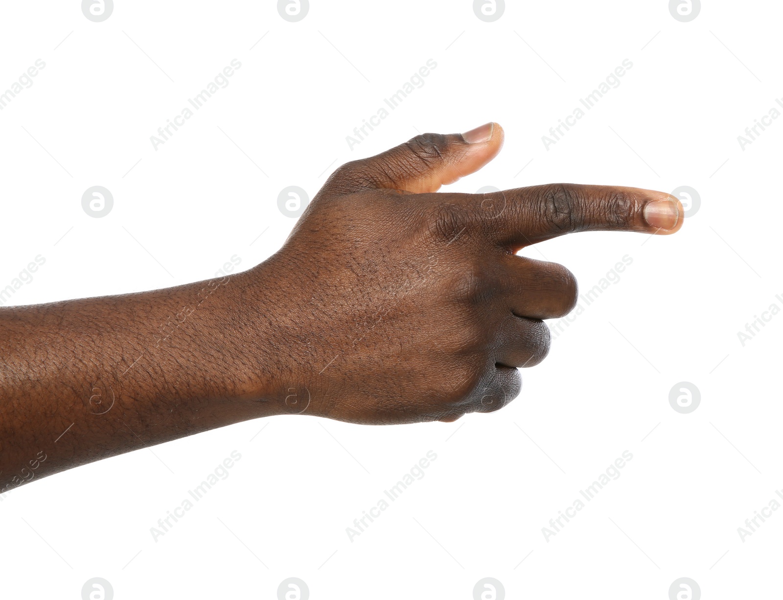 Photo of African-American man pointing at something on white background, closeup