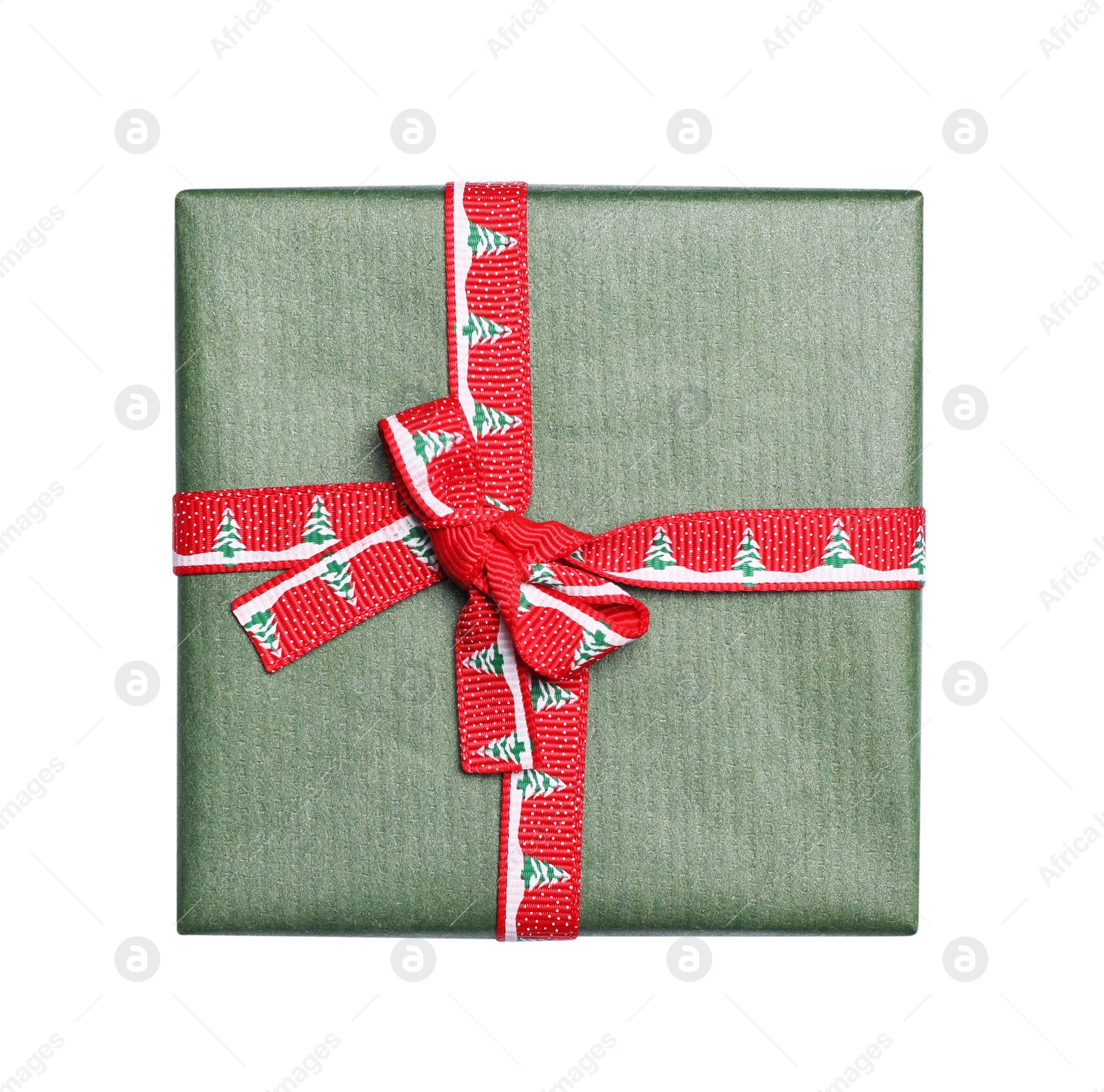 Photo of Christmas gift in box with patterned ribbon isolated on white, top view