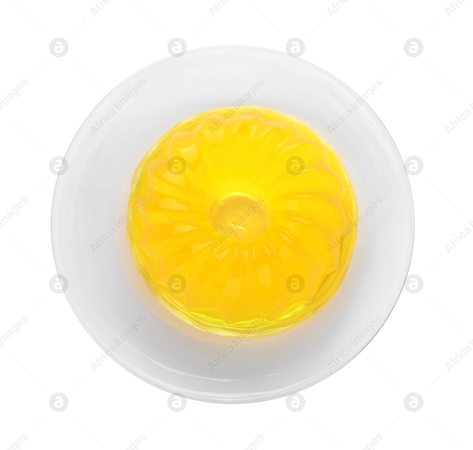 Photo of Delicious fresh yellow jelly on white background, top view