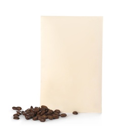 Scented sachet and coffee beans on white background