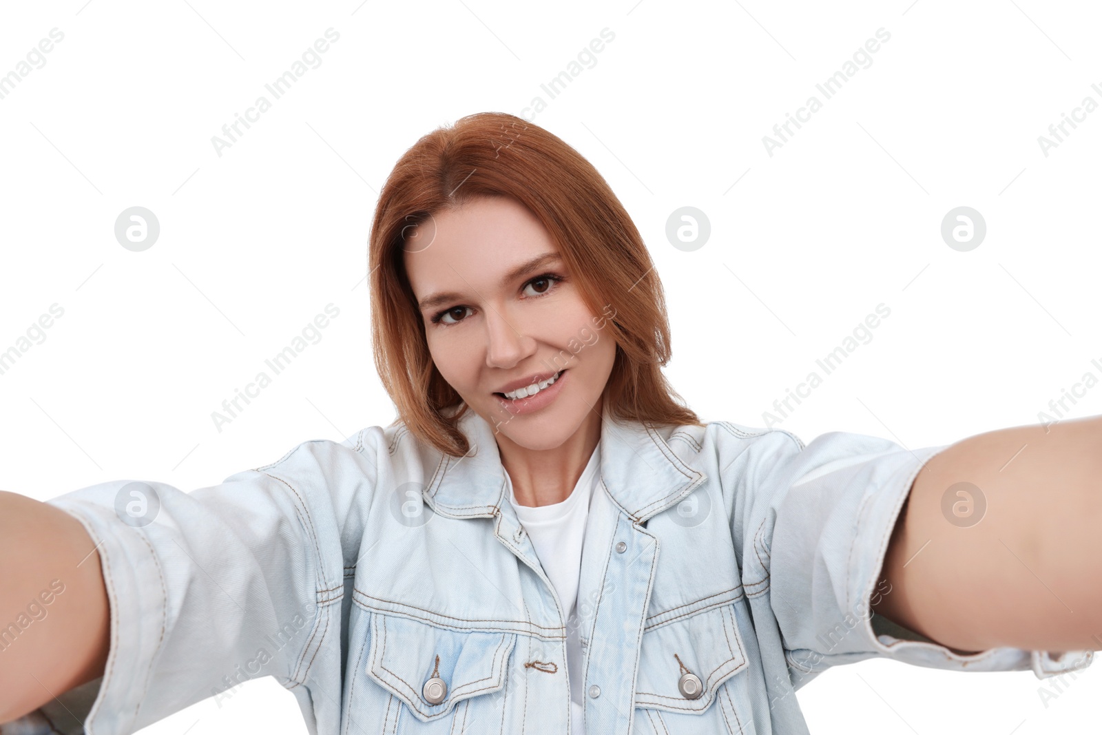 Photo of Beautiful woman taking selfie on white background