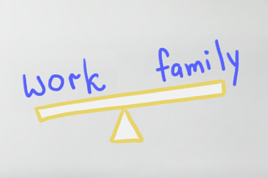 Image of Life balance. Illustration representing choice between family and work on light background