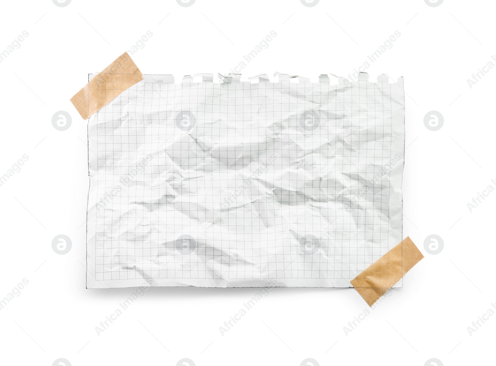 Photo of Crumpled checkered notebook sheet and adhesive tape isolated on white