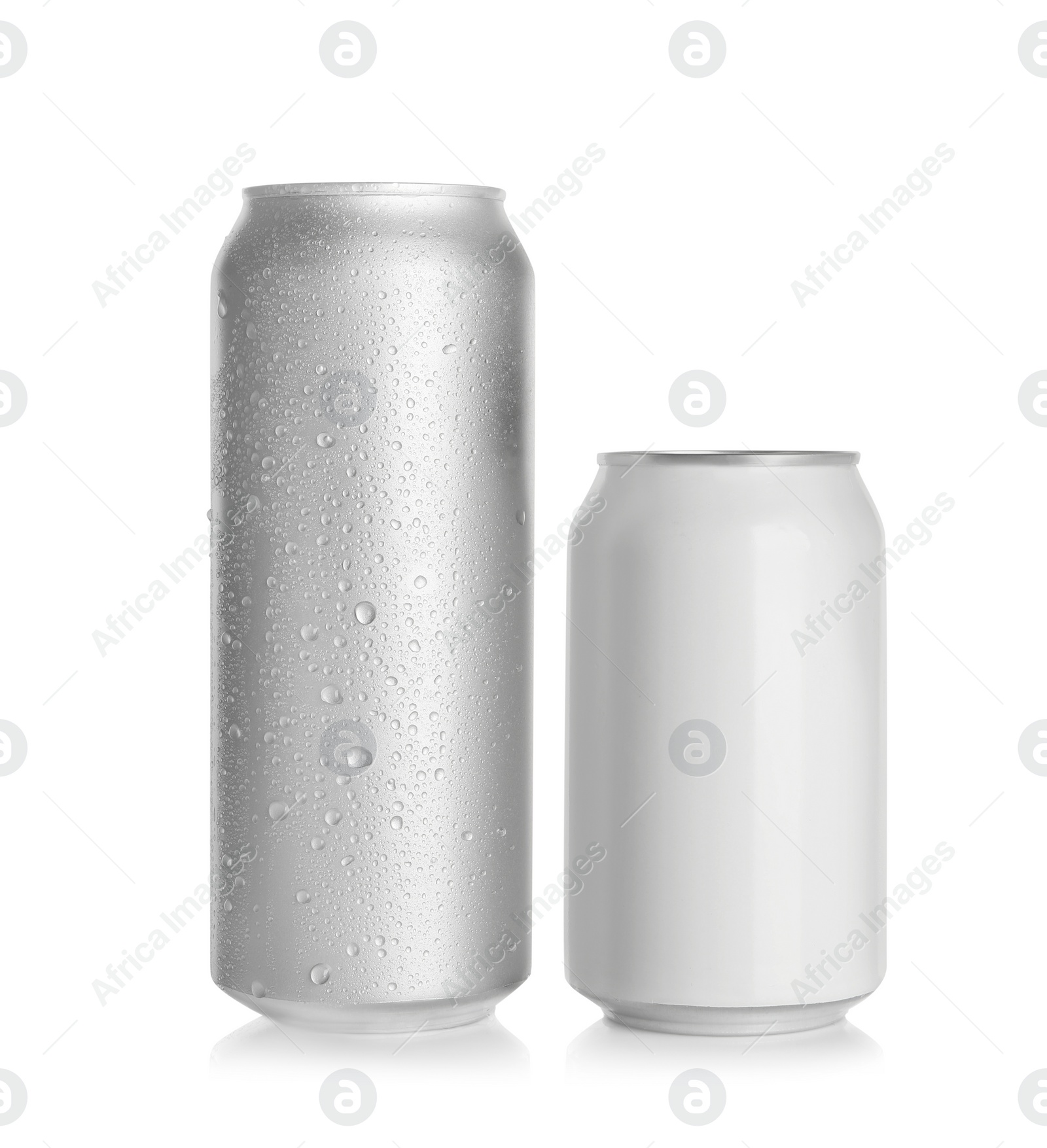 Photo of Aluminum cans with drinks on white background