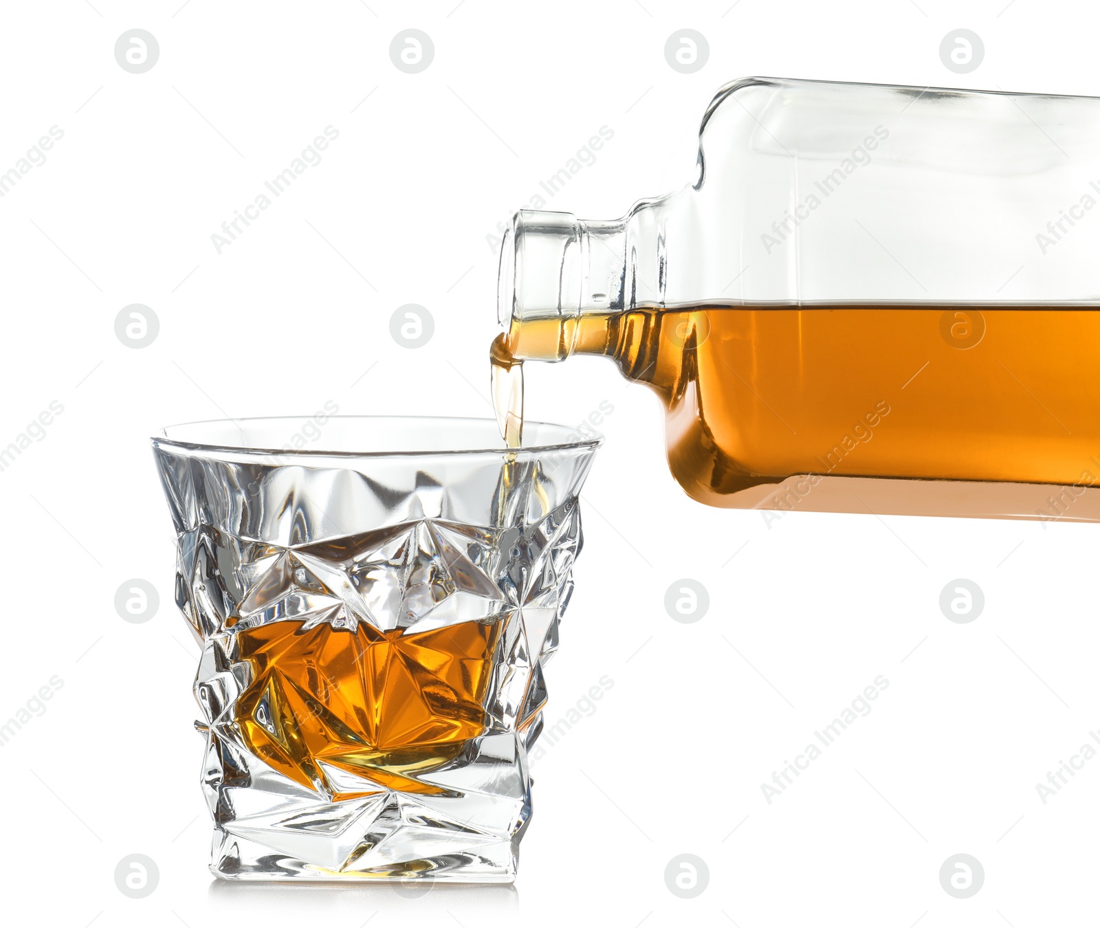 Photo of Pouring expensive whiskey into glass on white background