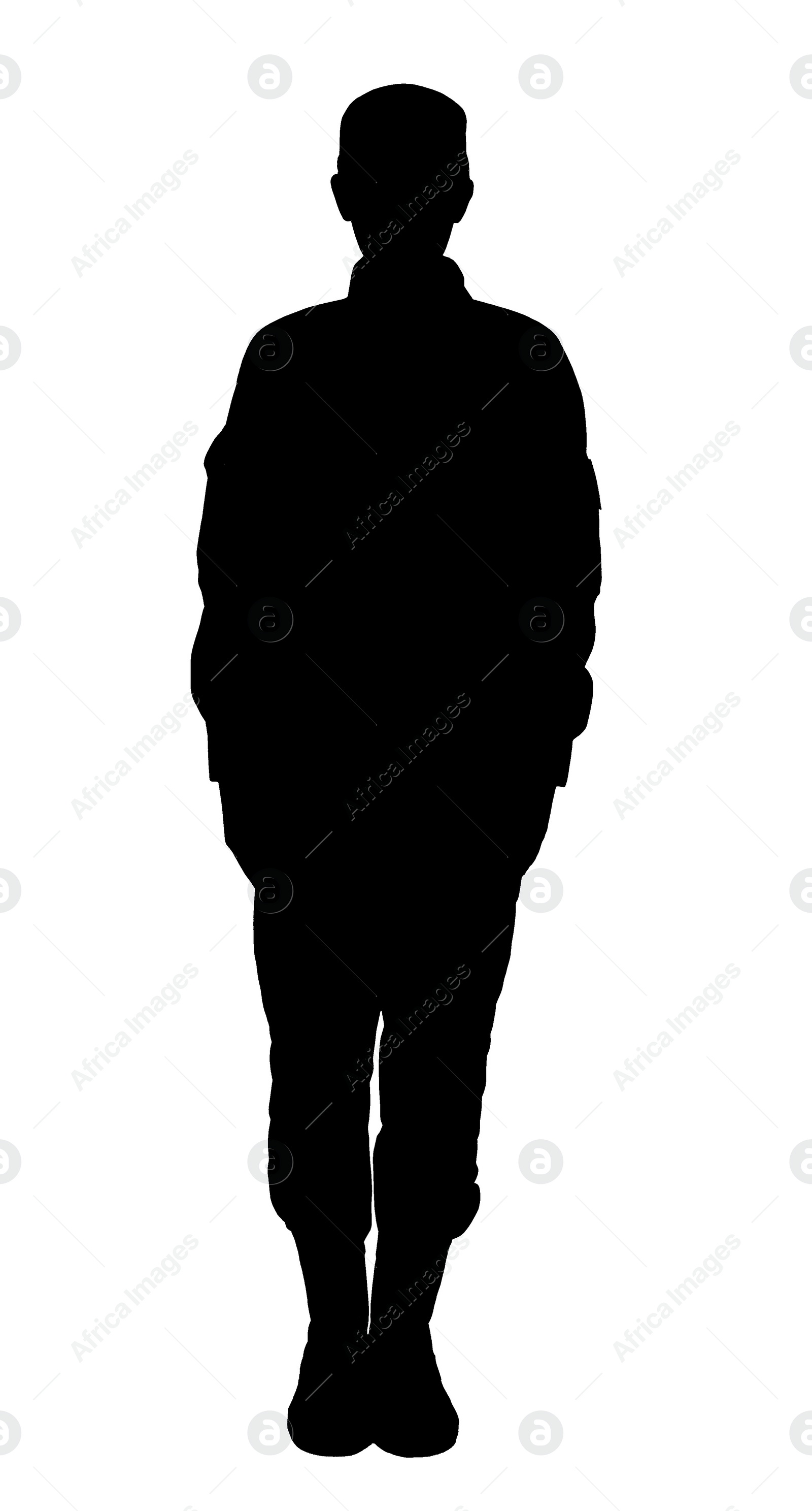 Image of Silhouette of soldier in uniform on white background. Military service