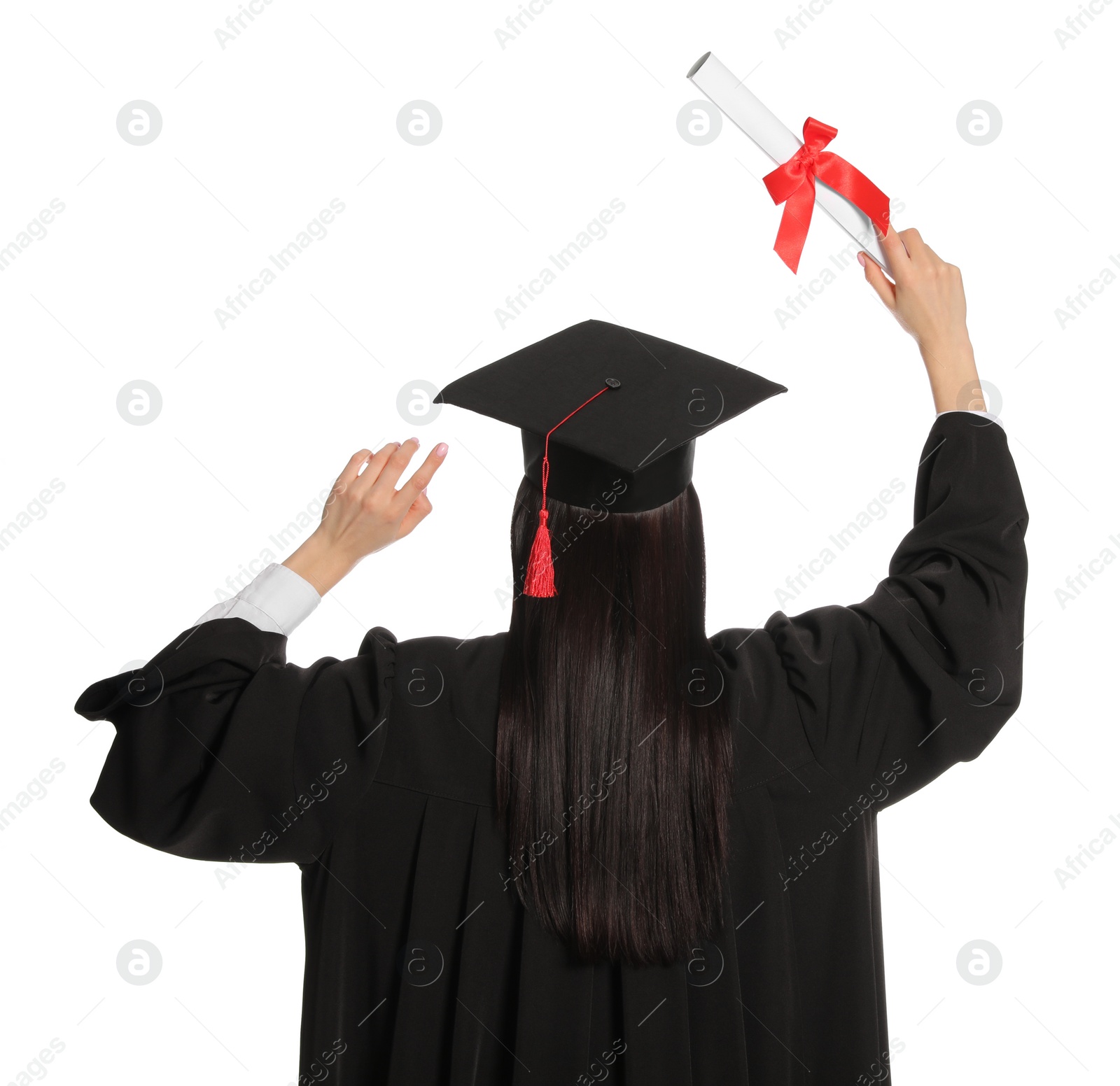 Photo of Student with graduation hat and diploma on white background, back view