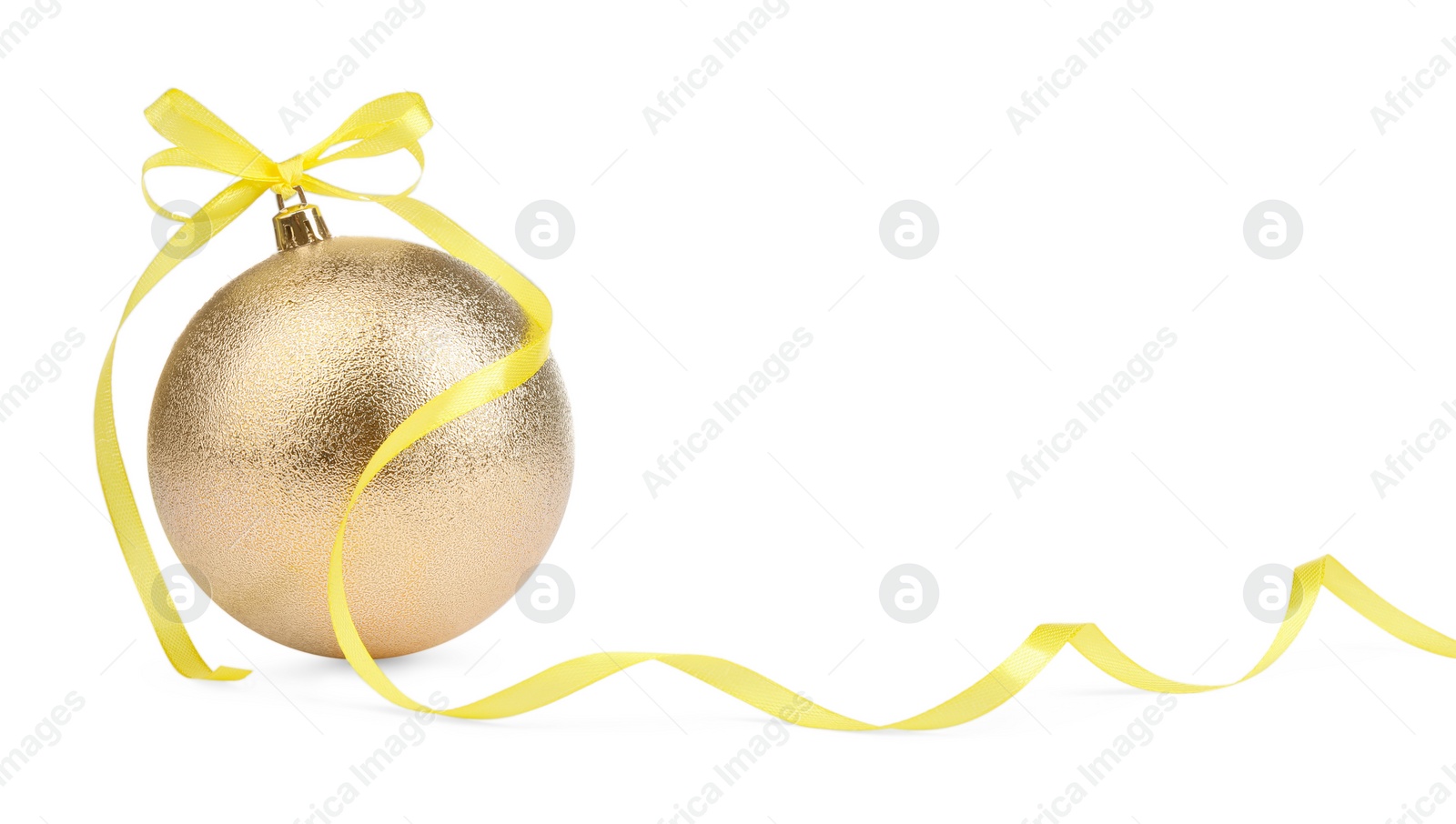 Photo of Beautiful golden Christmas ball with ribbon isolated on white