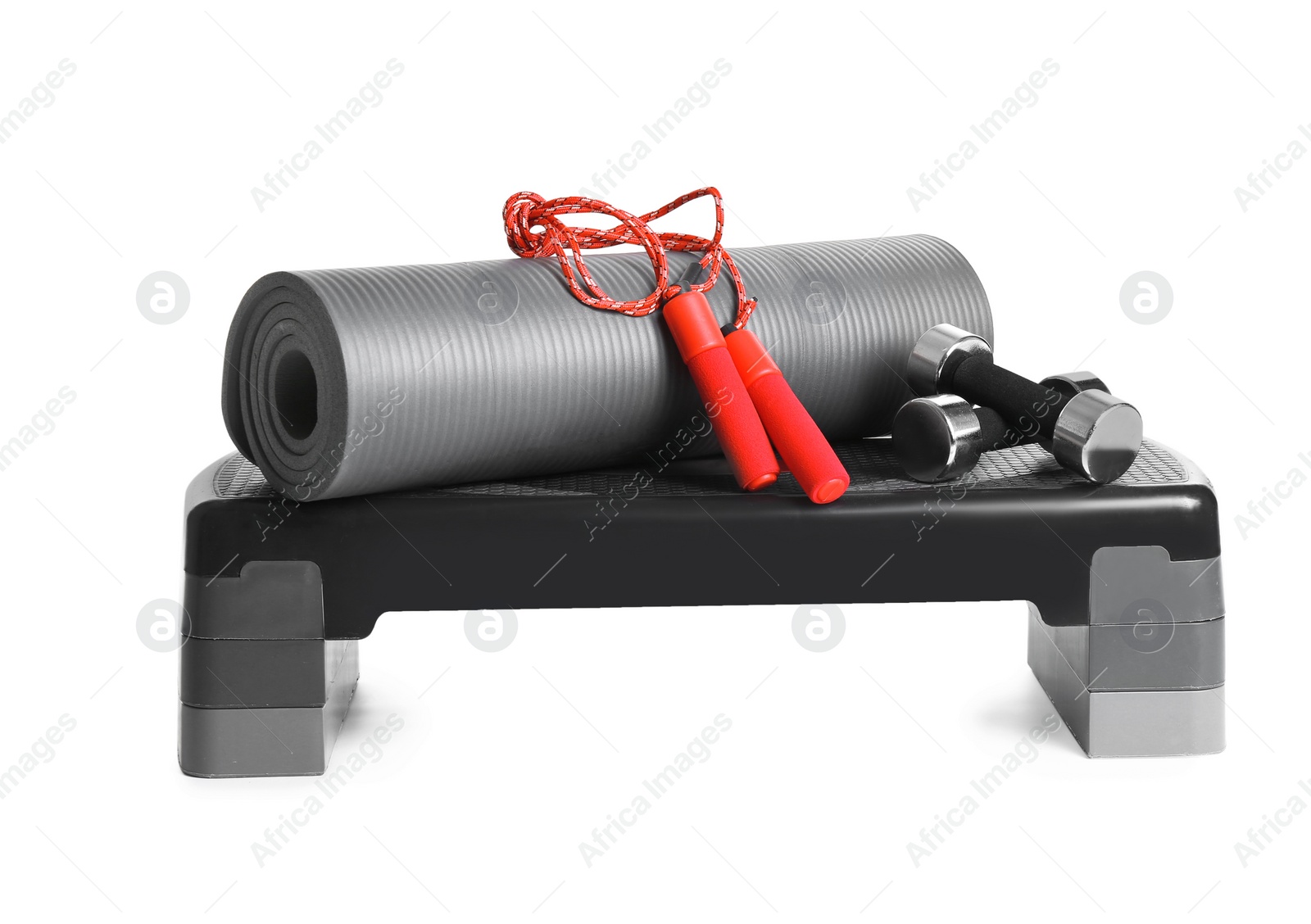 Photo of Set of fitness inventory on white background