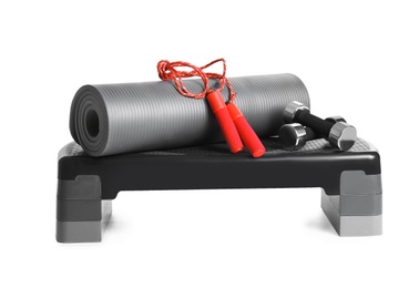 Photo of Set of fitness inventory on white background