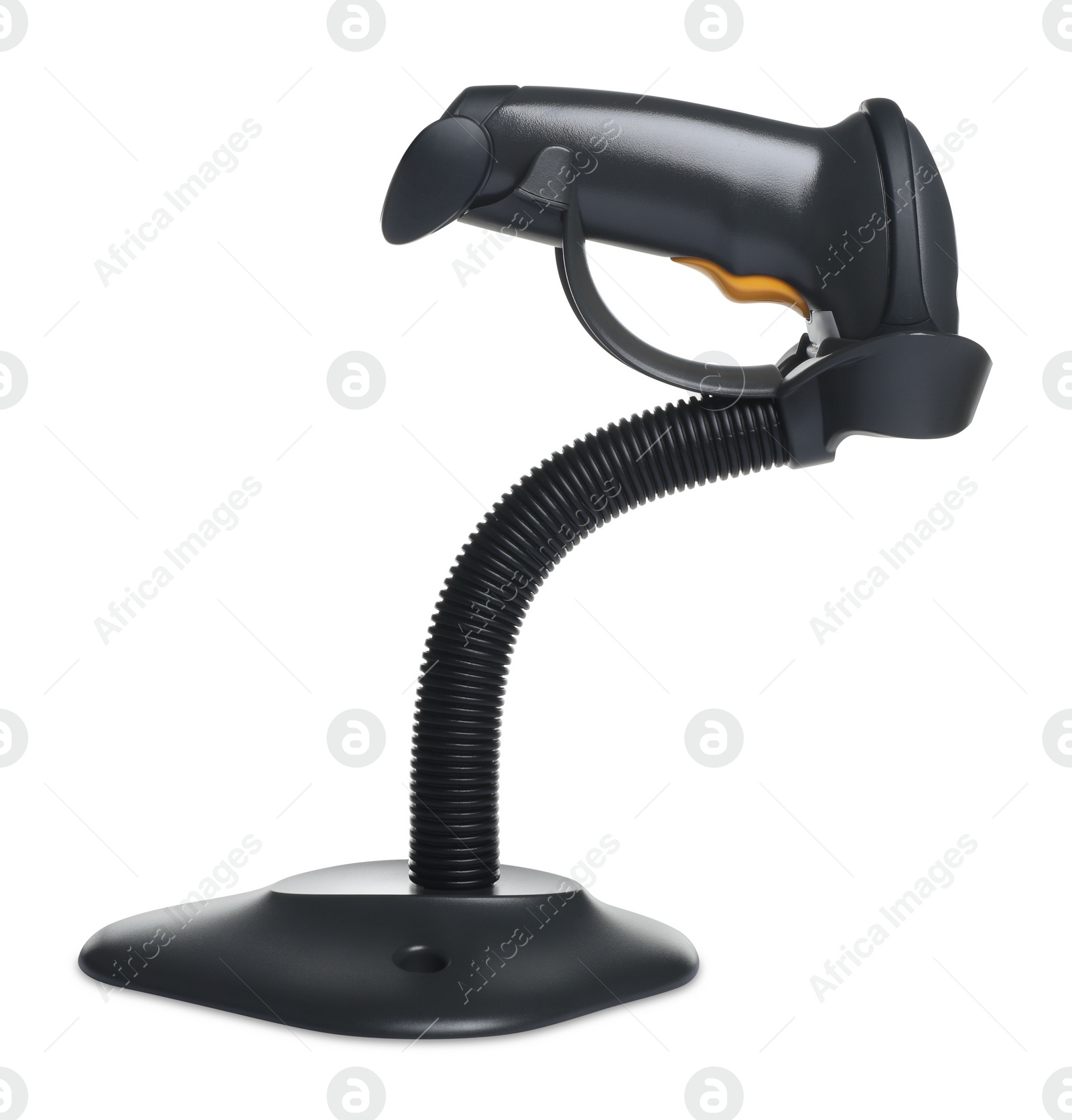 Photo of Stand with barcode scanner isolated on white