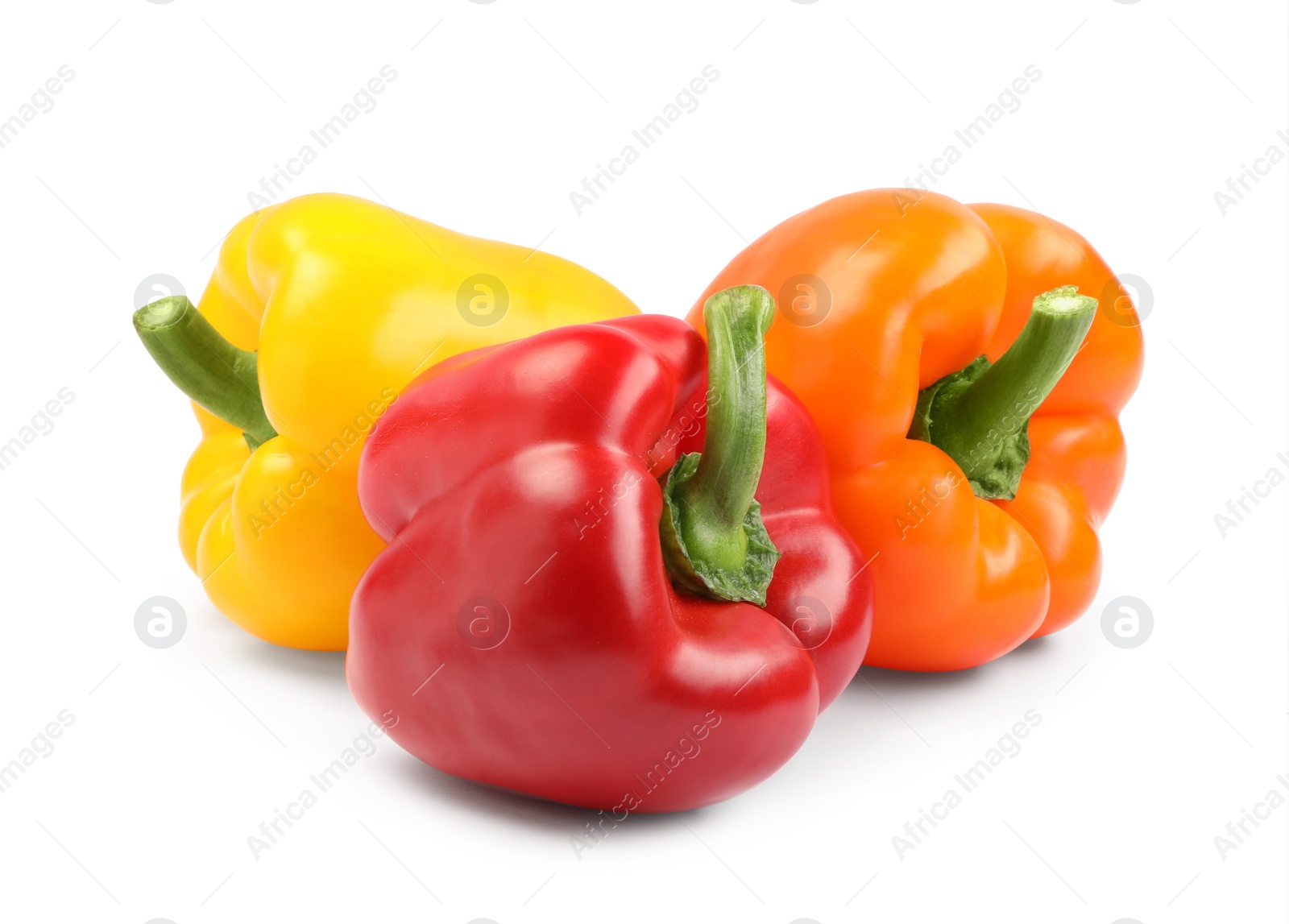 Photo of Fresh ripe bell peppers on white background