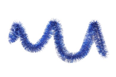 Photo of Shiny blue tinsel isolated on white. Christmas decoration