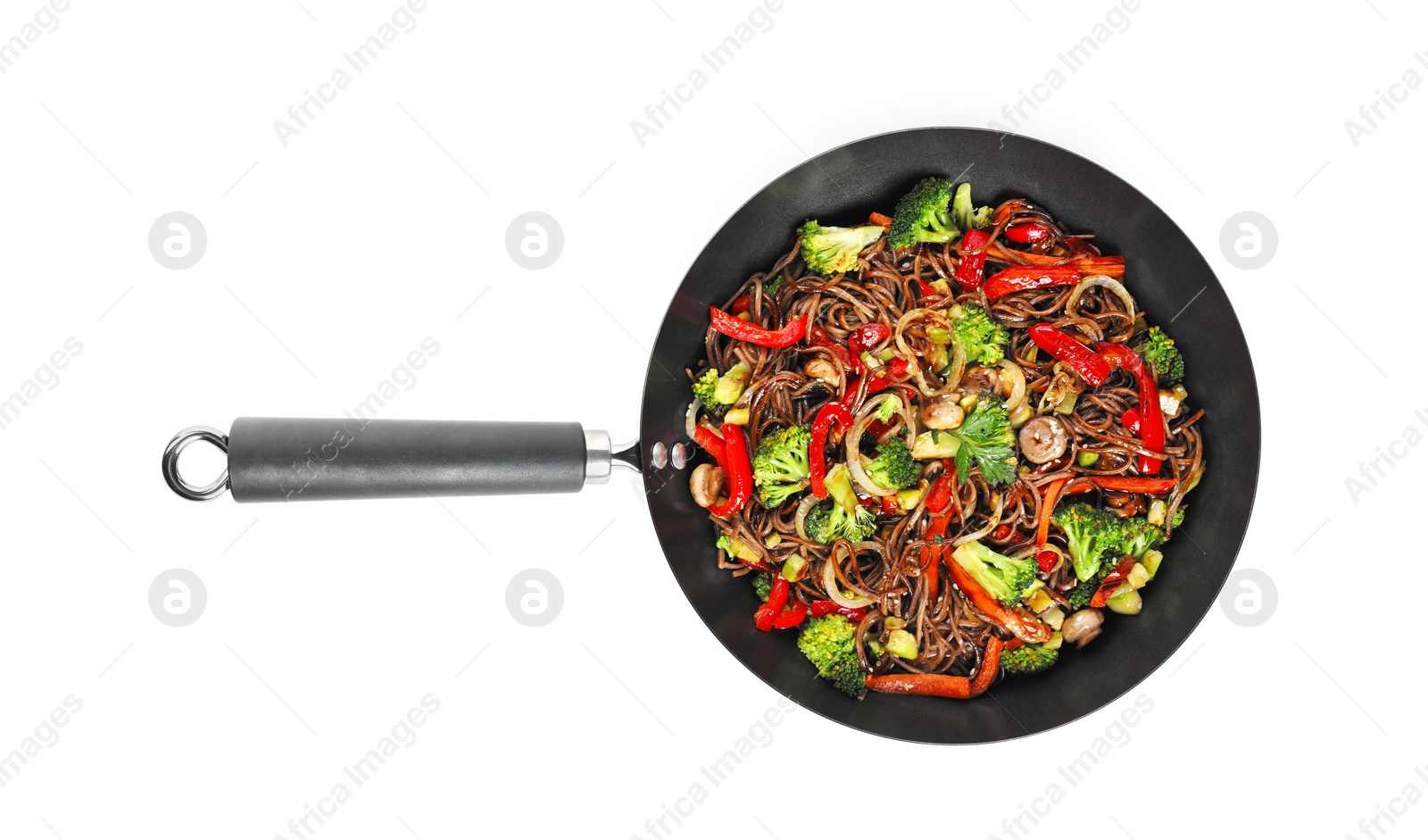 Photo of Stir-fry. Tasty noodles with meat and vegetables in wok isolated on white, top view