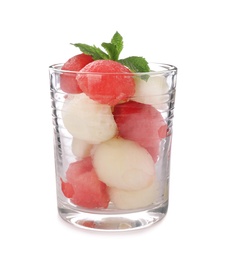 Photo of Glass with melon and watermelon balls on white background