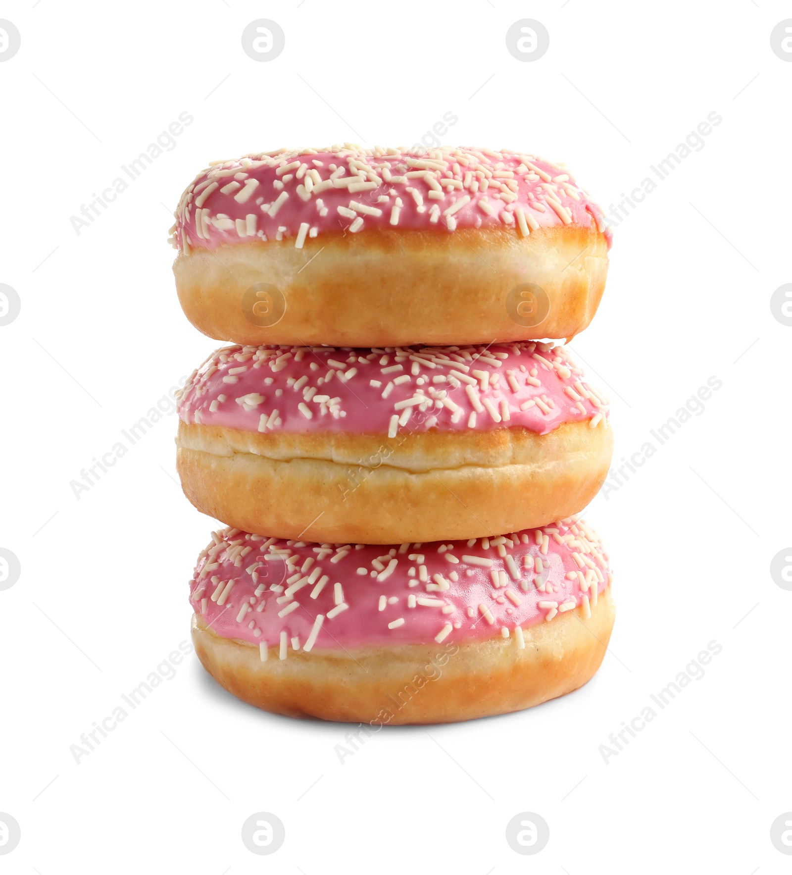 Photo of Delicious glazed doughnuts with sprinkles on white background