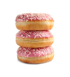 Photo of Delicious glazed doughnuts with sprinkles on white background