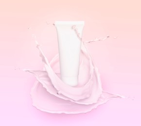 Image of Splashes of cosmetic product and tube with space for design on color gradient background