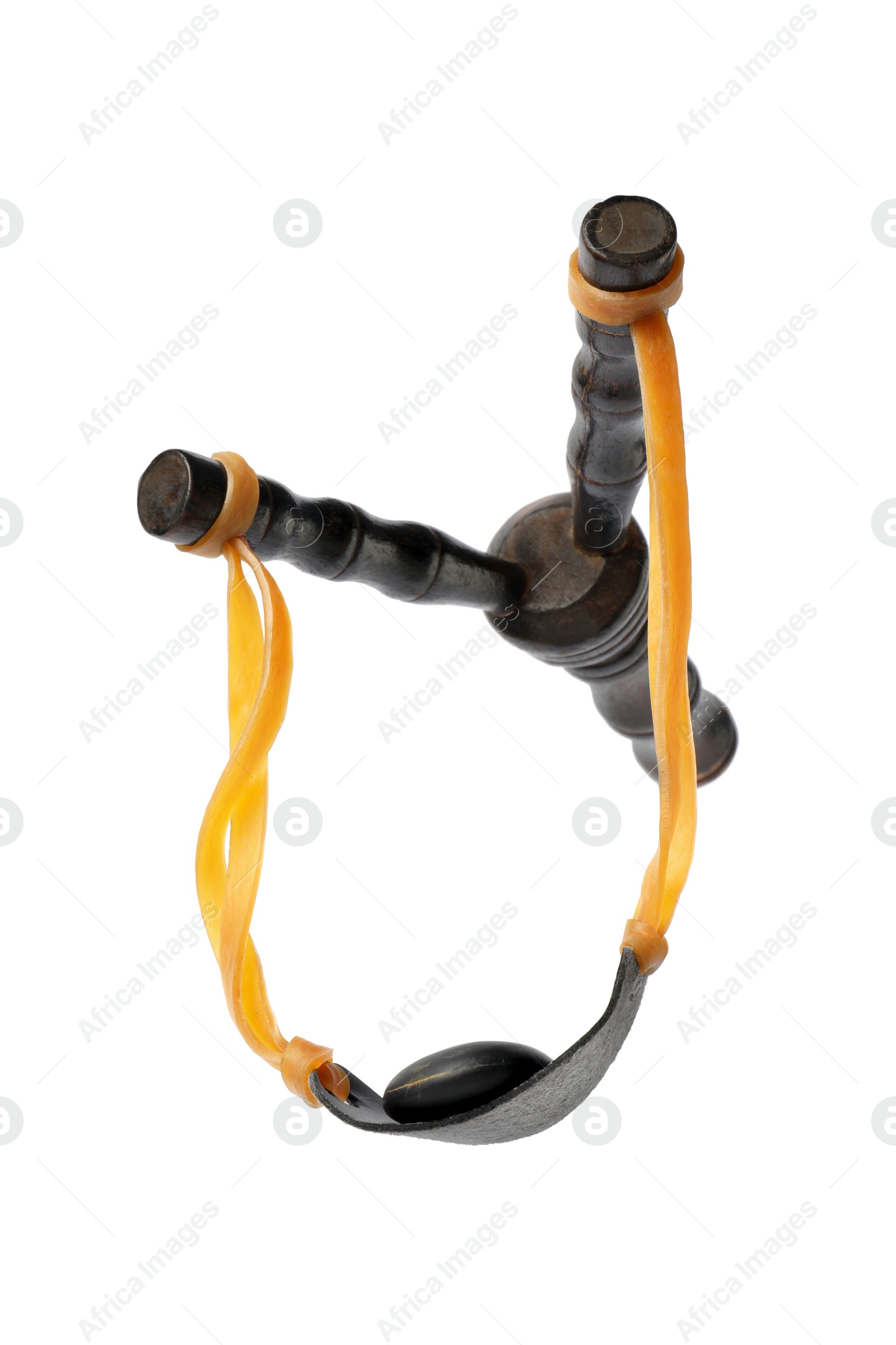 Photo of Black slingshot with pebble isolated on white