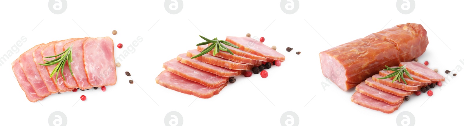 Image of Collage of delicious smoked sausage with rosemary and pepper on white background, different sides