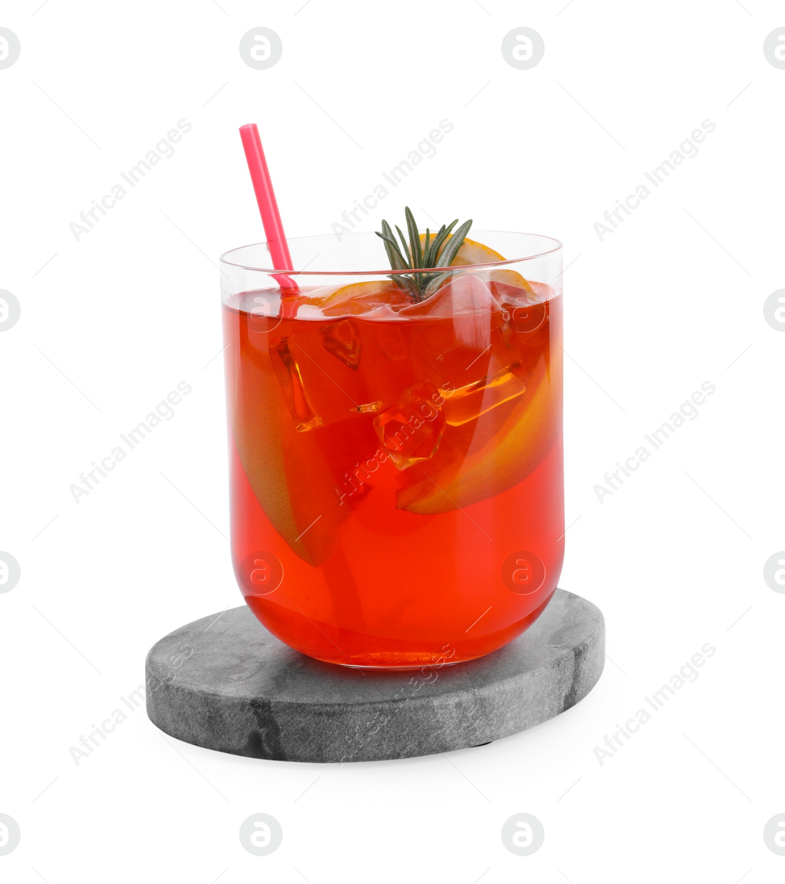 Photo of Aperol spritz cocktail, straw, orange slices and rosemary in glass isolated on white