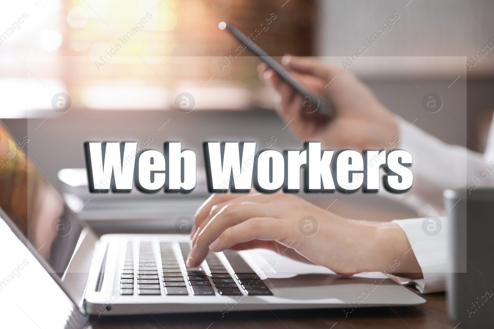 Image of Woman working with laptop at table in office, closeup. Web workers