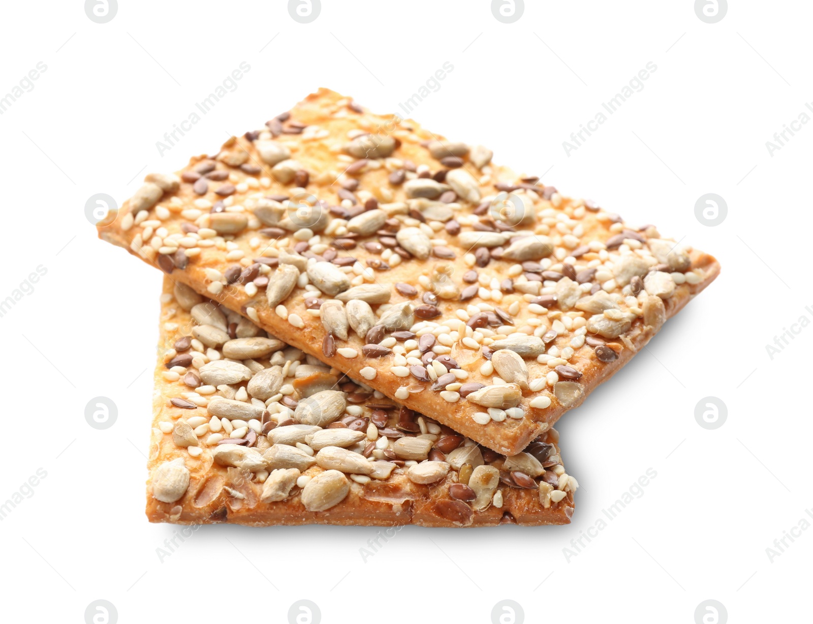 Photo of Delicious crispy crackers with different seeds isolated on white