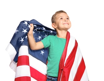 Photo of Little boy with American flag on white background