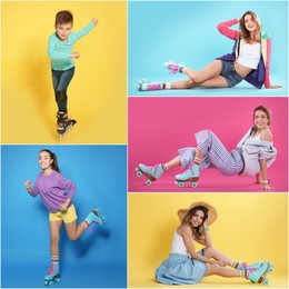 Image of Photos of young women and little boy with roller skates on different color backgrounds, collage design