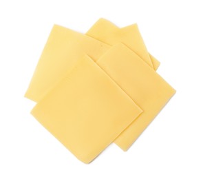 Slices of tasty fresh cheese isolated on white, top view