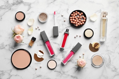Photo of Beautiful composition with lipsticks on light background, flat lay