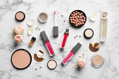 Beautiful composition with lipsticks on light background, flat lay