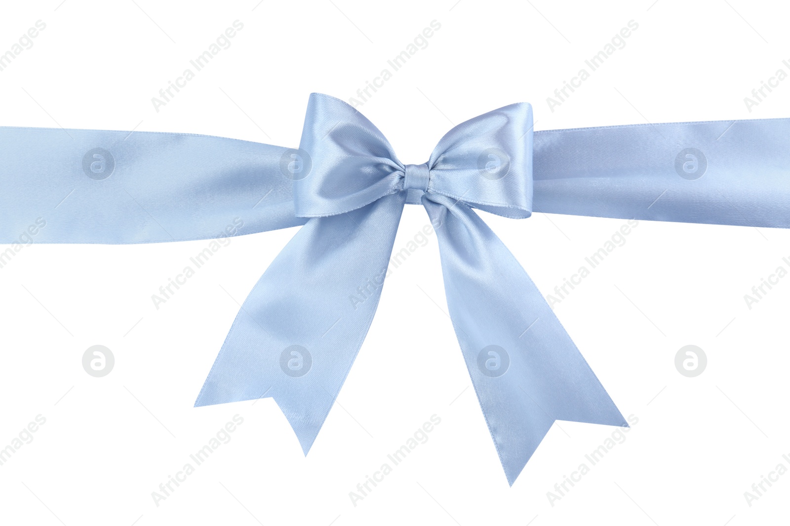 Photo of Light blue satin ribbon with bow on white background, top view