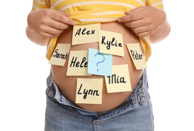 Photo of Pregnant woman with different baby names on belly against white background, closeup