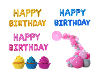 Image of Set of different birthday items on white background