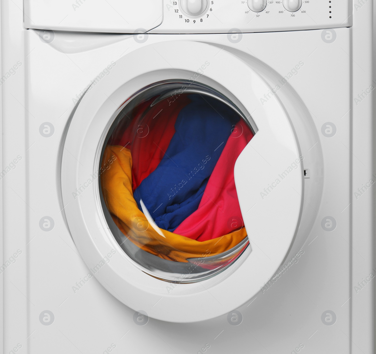 Photo of Modern washing machine on white background. Laundry day