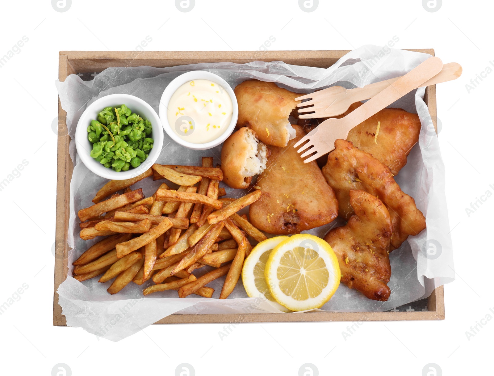 Photo of Tasty fish, chips, sauce and peas isolated on white, top view