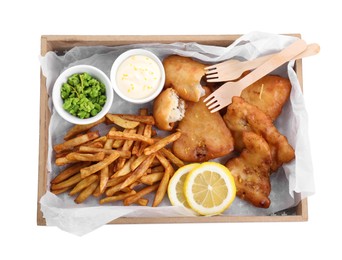 Photo of Tasty fish, chips, sauce and peas isolated on white, top view