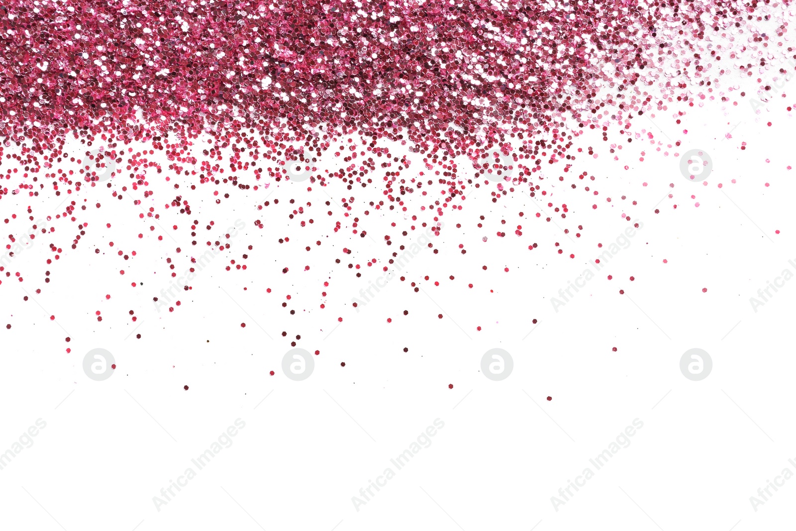 Photo of Pink glitter on white background, top view