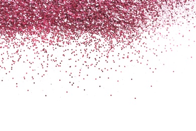 Photo of Pink glitter on white background, top view